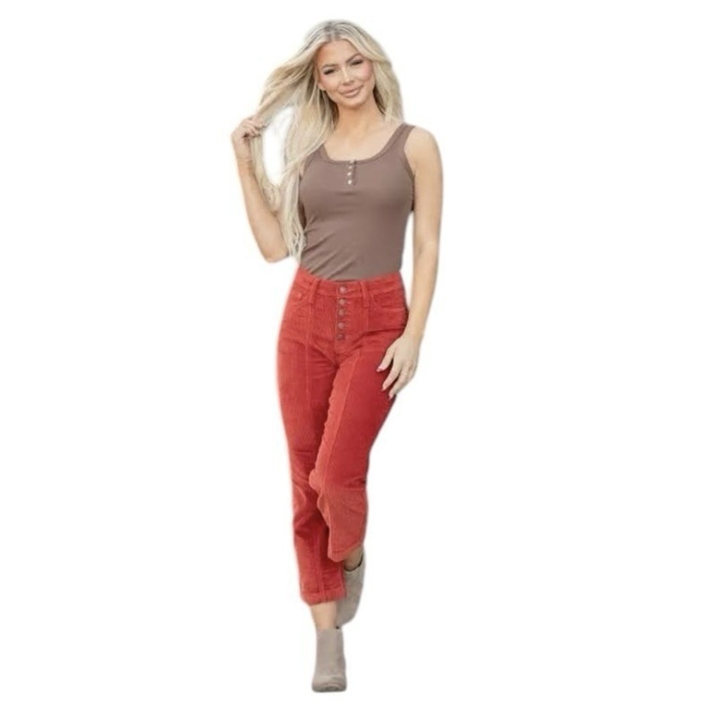 Judy Blue Ankle Straight Pants Womens 15/32 Rust New Corduroy High Waist JB88516